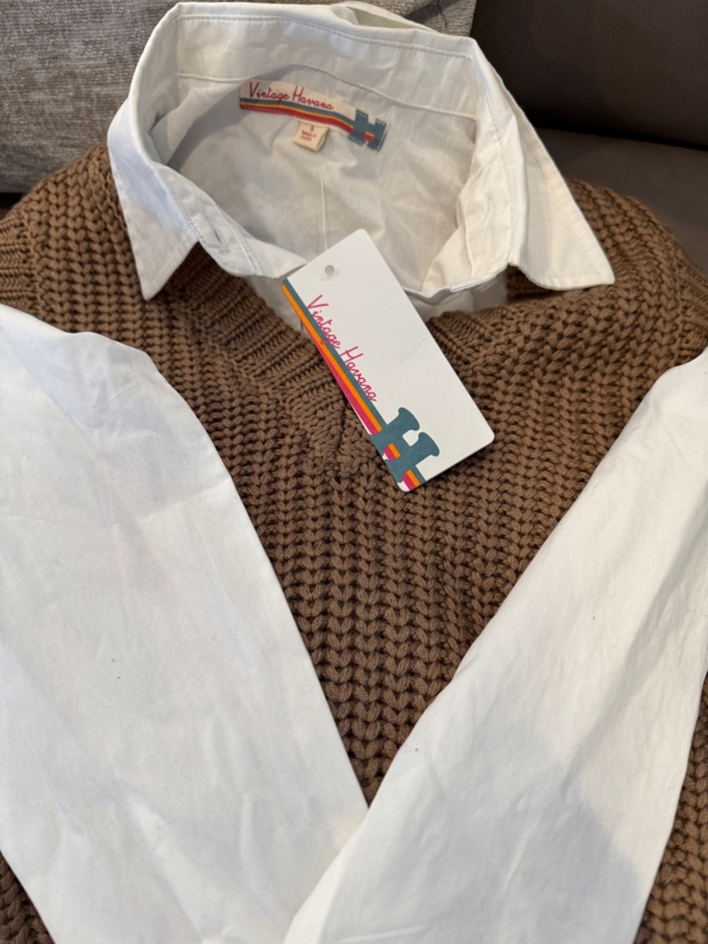 Vintage Havana Brown Knit Vest with White Attached Shirt Collar